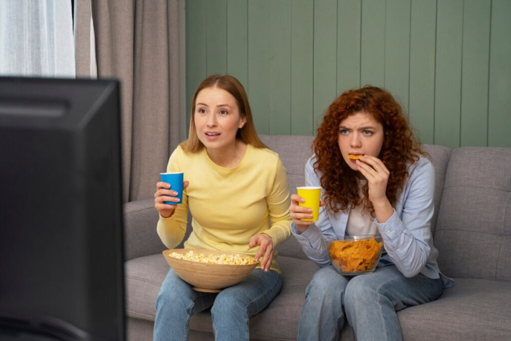 Two friends sit on a couch, enjoying snacks and drinks while watching TV in a cozy living room with green walls.