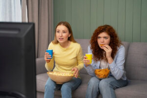 Two friends sit on a couch, enjoying snacks and drinks while watching TV in a cozy living room with green walls.