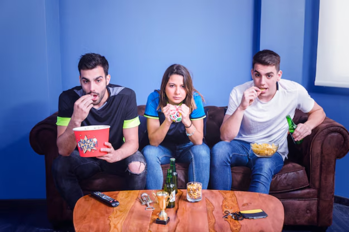 Three friends enjoy snacks and drinks on a couch.