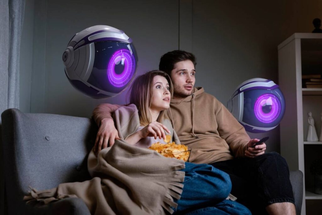 A couple sits on a couch, wrapped in a blanket.