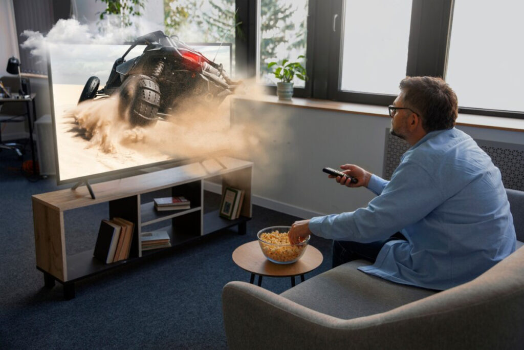 A person sitting on a couch watches an action scene on TV.