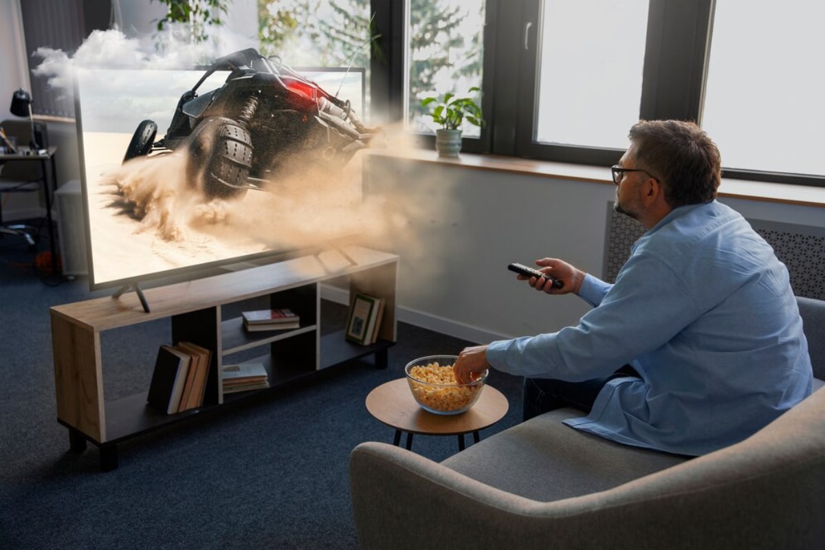 A person sitting on a couch watches an action scene on TV.