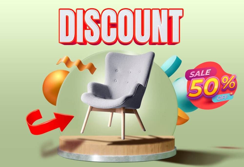 Graphic of a modern grey chair on a pedestal with 