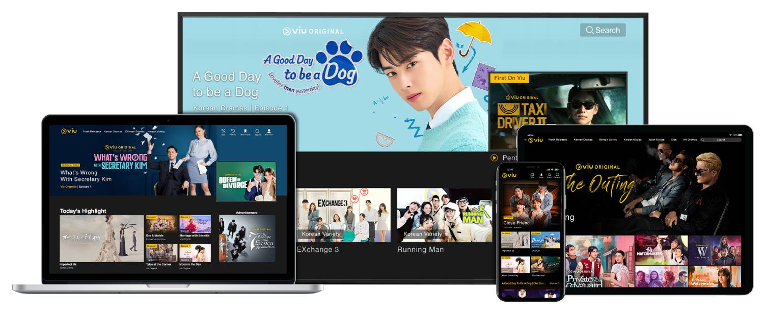 Various electronic devices display the Viu streaming platform, showcasing a selection of Korean dramas and variety shows.