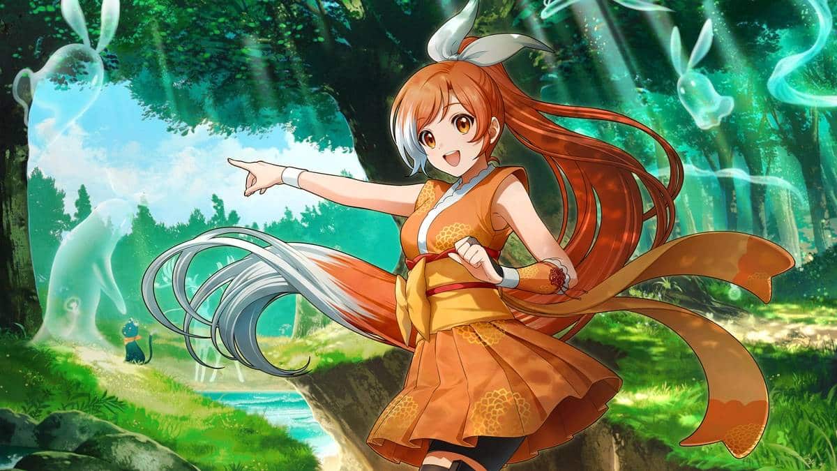 An anime character in a vibrant orange outfit joyfully points in a sunlit forest, surrounded by ethereal spirits and playful animals.