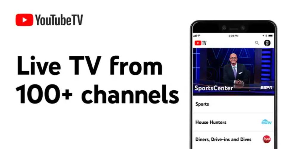 A smartphone displays YouTubeTV's interface, showcasing live TV options including SportsCenter and various channels.