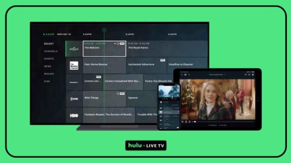 A smart TV and tablet display the Hulu Live TV interface, showcasing various shows and their scheduled times.