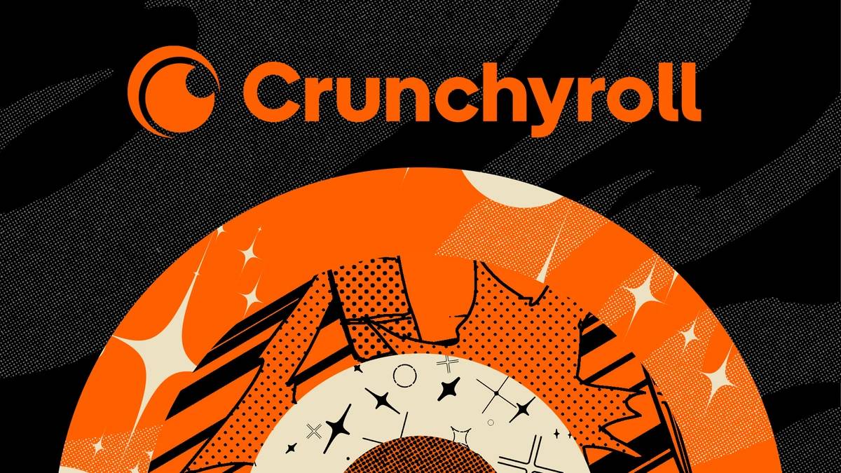 Design featuring the Crunchyroll logo in orange against a bold black and orange graphic background, symbolizing anime culture.