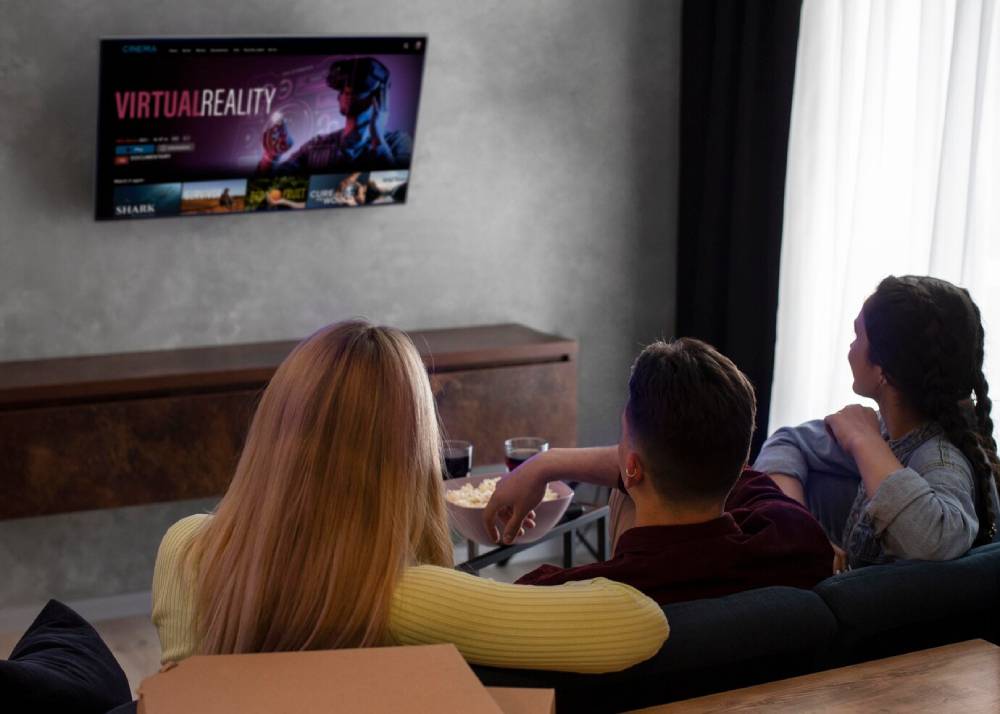 Three people sit on a couch watching a TV display showcasing a virtual reality interface, with snacks on the table nearby.