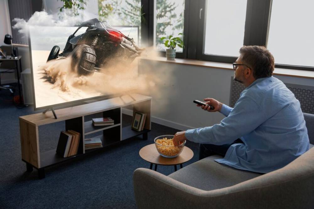 A person sits on a couch, watching an action movie scene on a large TV while eating popcorn.